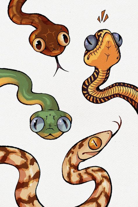 Snake Doodle Cute, Cute Reptile Drawings, Coiled Snake Drawing, Snake Art Cute, Two Headed Snake Drawing, Corn Snake Drawing, Snake Drawing Color, Snake Painting Easy, Snake Cute Drawing