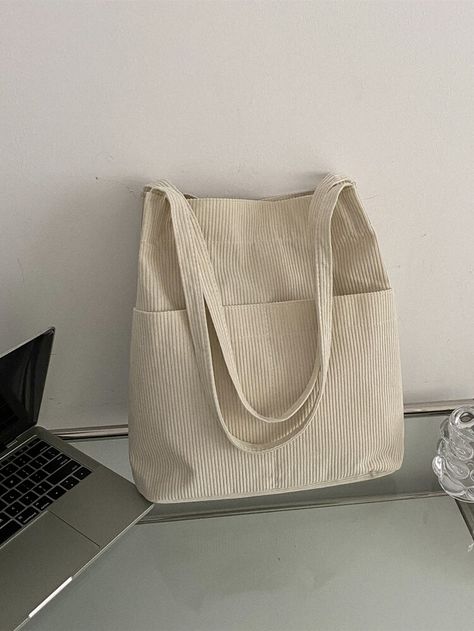 Minimalist Corduroy Shopper Bag | SHEIN USA Tut Bag Ideas, Shein Tote Bags, Tut Bag, Corduroy Bag, Preppy Bags, Striped Bags, Bags Tote, Shopper Tote, Canvas Shoulder Bag