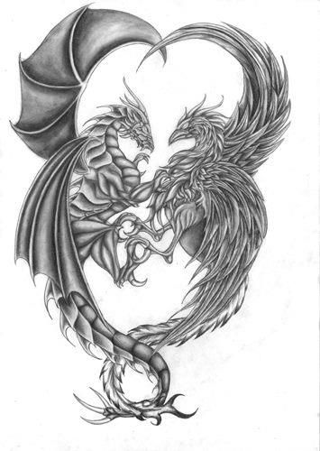 Dragon and Phoenix drawing Dragon And Phoenix Tattoo, Tato Phoenix, Phoenix And Dragon, Japanese Phoenix Tattoo, Phoenix Drawing, Phoenix Bird Tattoos, Phönix Tattoo, Catrina Tattoo, Phoenix Tattoo Design