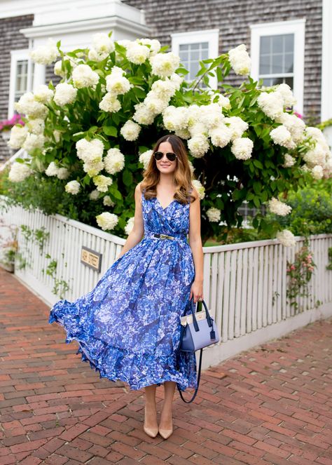 Blue Floral Dress Blue Floral Dress Outfit, Lake Fashion, Hydrangea Dress, Maxi Dress Outfit Fall, Floral Dress Blue, Soft Feminine Outfits, Floral Dress Outfits, Feminine Outfits, Indian Kurti