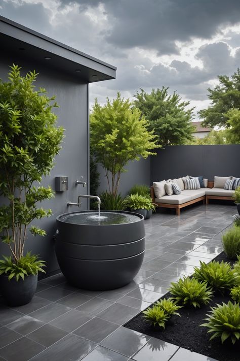 20 Modern Patio Design Ideas In 2024 - Toolz Geek Black Decks, Black Backyard, Small Garden Ideas Modern, Bamboo Fountain, Terrace Patio, Modern Patio Design, Small Water Features, Courtyard Gardens Design, Wall Planters