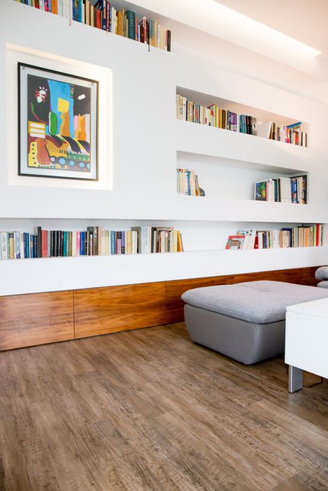 Built In Wall Shelves Living Room Modern, Wall Inbuilt Shelves, Tv Built In Wall Unit Slanted Ceiling, Backlit Bookshelves, Recess Bookshelves, Inbuilt Bookshelves, Recessed Bookshelf, Recessed Wall Bookshelf, Illuminated Bookshelves