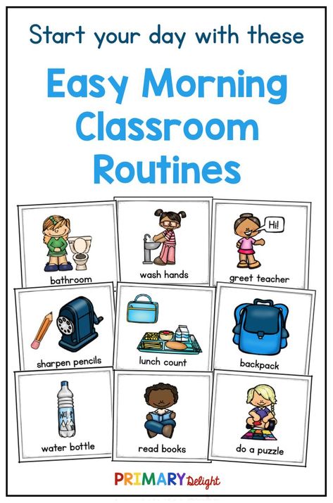 Use these 8 simple morning classroom routines to start the school day right in kindergarten or first grade classrooms! Introduce these tips at back to school time to help with classroom organization and give teachers time to interact with students. With these ideas, each student will be productive and ready to learn. Simple morning routines make the day run much more smoothly! #PrimaryDelight #BackToSchool #ClassroomRoutines Morning Routine Classroom, Classroom Morning Routine, September Lessons, Teacher Diy, Kindergarten Organization, Classroom Routines And Procedures, Center Management, Prek Classroom, School Morning