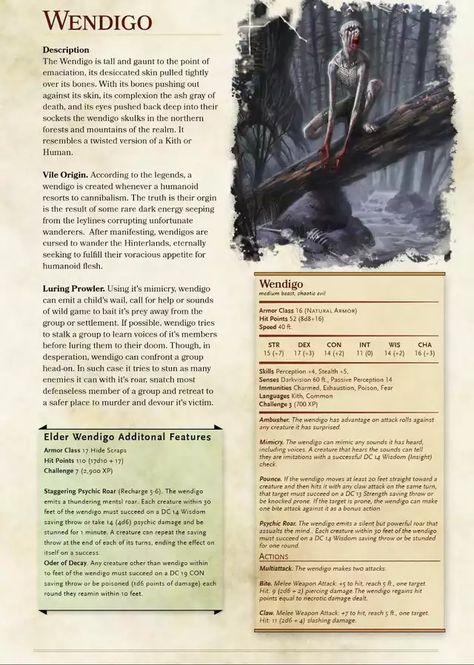 Dnd Enemies, The Wendigo, Creature Ideas, Dnd Stats, Dnd Character Sheet, Dungeon Master's Guide, Dnd Races, Dnd Classes, Dungeons And Dragons 5e