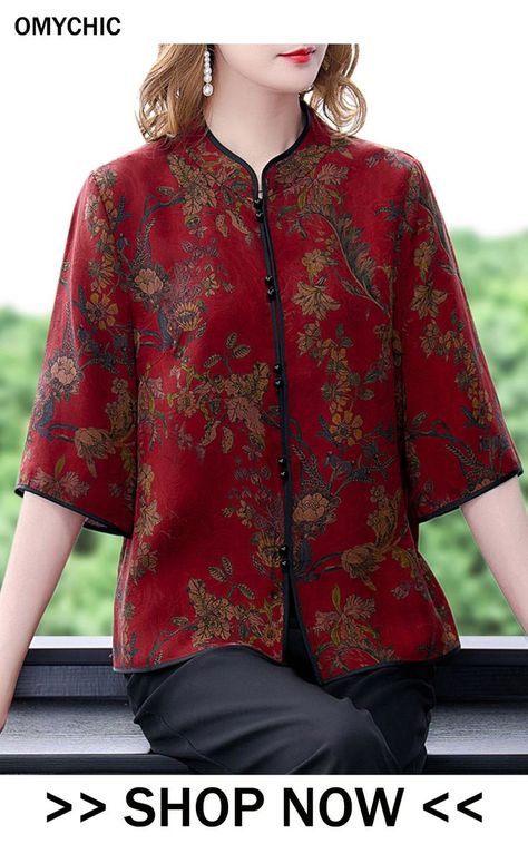 Elegant Red Stand Collar Print Silk Shirts Half Sleeve Silk Shirt Printed, Designer Shirts Women, Silk Blouse Outfit, Silk Prints, Western Tops For Women, Chinese Shirt, Stylish Kurtis Design, Dress Batik, Silk Shirts