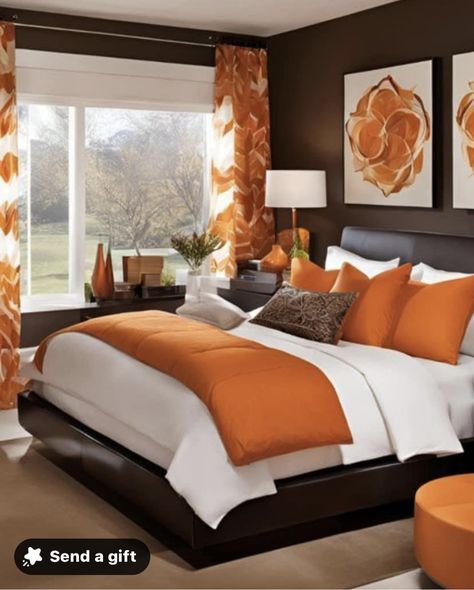 Brown And Burnt Orange Bedroom, Orange Decor Bedroom, Bedroom Interior Colour, Orange Bedroom Ideas, Bedroom Comforter Sets, Decor Ideas For Living Room, Bedroom Color Combination, Orange Bedroom, Bedroom Oasis