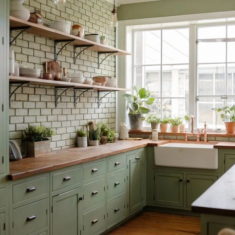 5 fabulous modern farmhouse kitchen designs. Modern farmhouse kitchens strike the perfect balance between cozy and contemporary, making them a popular choice for many homeowners. From shiplap walls to open shelving, there are countless ways to bring this style to life. Whether you’re starting from scratch or looking to update your current space, here are some great examples (very different). #modernfarmhousekitchens #kitchendesign #interiordesign #farmhousekitchenideas Green Cabinets White Subway Tile, Butcher Block Green Cabinets, Green Cabinets Butcher Block Countertops, Wooden Kitchen Countertops, Brick Wall Kitchen Ideas, Green Modern Farmhouse, White Brick Backsplash, Modern Farmhouse Kitchen Ideas, Wooden Countertops Kitchen