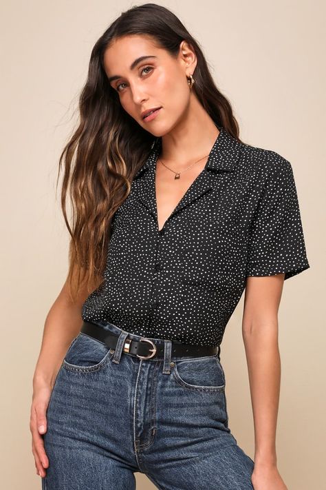 It's easy to dress for success when you have the Lulus Good Luck Charm Black Polka Dot Short Sleeve Button-Up Top in your closet! This classic collared top has a full button and loop placket running the length of its breezy, woven fabric bodice. This sweet little top keeps the charm going with its boxy silhouette and front patch pocket, perfect for transitioning between casual cool and office chic! Fit: This garment fits true to size. Length: Size medium measures 24" from shoulder to hem. Bust: Great for any cup size. Waist: Not Fitted - comfortable room throughout midsection. Undergarments: May be worn with any standard bra. Fabric: Fabric has no stretch. Unlined and slightly sheer. 100% Polyester. Hand Wash Cold. Do Not Bleach. Line Dry. Iron Low Heat. Imported. Lulus | Good Luck Charm B Collared Tee Outfit, Business Casual Collared Shirt, Blouses For Petite Women, Business Casual Shirts Women, White And Black Shirt Outfit, Short Sleeve Work Outfits, Short Sleeve Collared Shirt Outfit, Jeans And Tops For Women, Office Blouses For Women