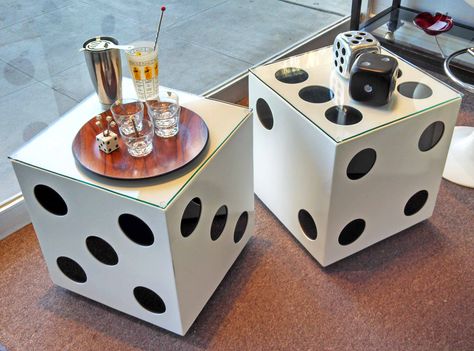 Cool Glass Coffee Table, Funky Unique Decor, Dice Coffee Table, Hip Hop Coffee Table, End Tables Coffee Tables, Conversation Pieces Decor, Apartment Aesthetic Funky, Office Decor Maximalist, Dice Table Diy