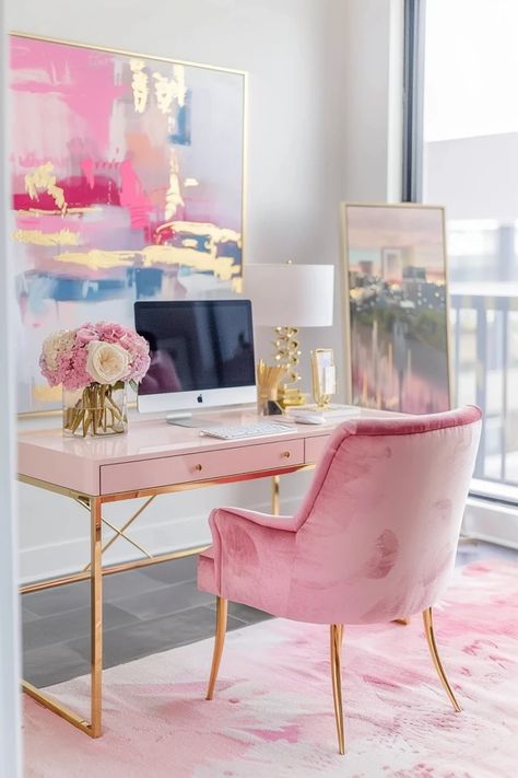 Unveil the secrets to a glam office that speaks sophistication. Discover decor that transforms any workspace into a stylish haven. Colorful Glam Decor, Pink Glam Home Decor, Female Office Ideas Classy, Glam Office Decor Workspaces, Chic Office Design, Girly Home Office, Luxurious Home Office, Glam Office Decor, Pink Home Office