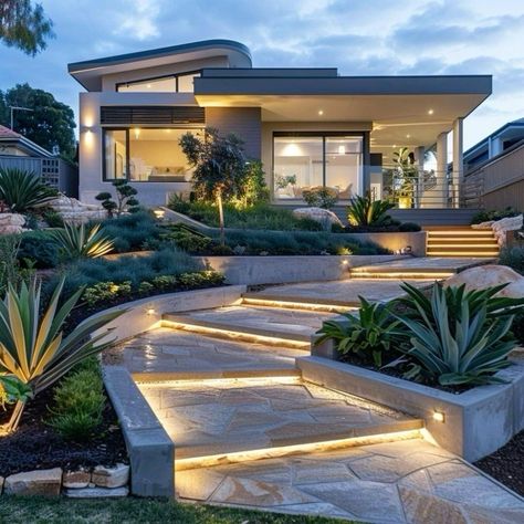 Facade Landscape Design, Landscape Home Garden, Front Yard With Turf, Backyard Modern Landscaping, Cute Front Yard Ideas, House Front Yard Ideas, Modern House Garden Design, Front Garden Ideas Australian, Modern House Garden