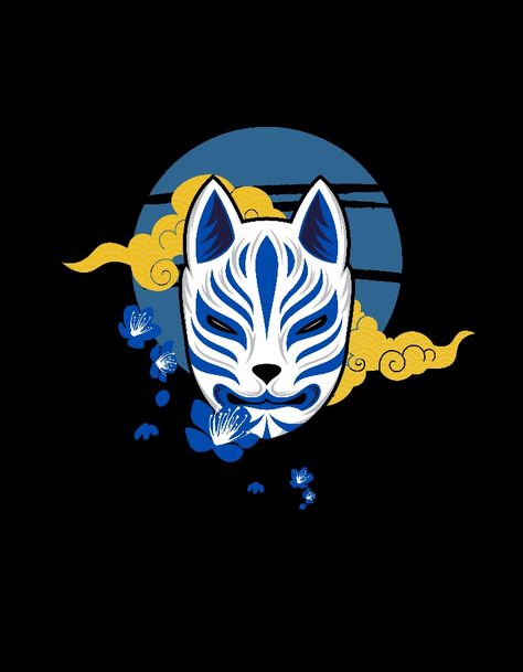 Blue Kitsune Mask, Blue Fox Mask, Blue Kitsune, Anbu Mask, Japanese Kitsune, Tshirt Artwork, T Shirt Template, Modern Wear, Kitsune Mask