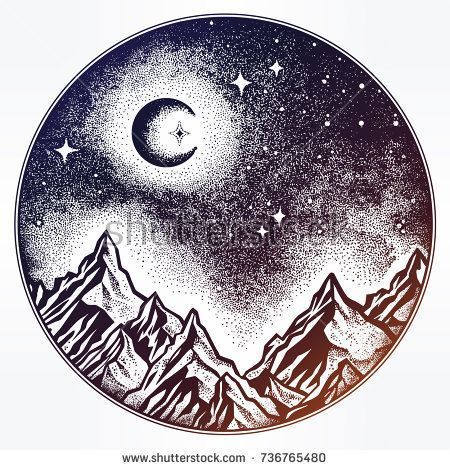 Nature Landscape Tattoo, Night Sky Mountains, Night Sky Tattoos, Adventure Symbol, Sky Tattoos, Mother Nature Tattoos, Travel Baby Shower Theme, Tattoo Nature, Travel Baby Showers