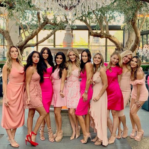 Pink Bridesmaid Bachelorette Outfit, Bachelorette Pink Theme Outfits, Bachelorette Outfits Group Pink, Shades Of Pink Bachelorette Party Outfit, Pink Dinner Party Outfits, Pink Hen Party Outfits, All Pink Outfit Bachelorette Party, Bachelorette Bridesmaid Outfits, Pink Party Theme Outfit