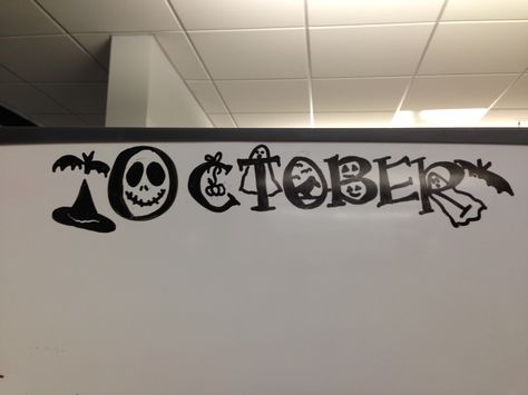 Spooky October whiteboard office decor School Whiteboard Ideas, Whiteboard Halloween Art, Halloween Whiteboard Ideas, White Board Halloween Drawings, Halloween Dry Erase Board Ideas, Halloween White Board Ideas, October White Board Ideas, Halloween Whiteboard Art, Halloween Whiteboard