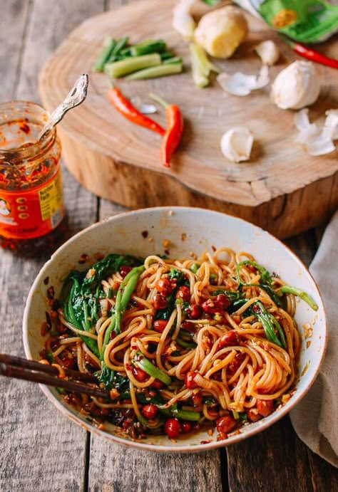 Lao Gan Ma Noodles & Godmother Sauce - The Woks of Life Vegan Jjajangmyeon Recipe, Noodles With Gochujang, Gochujang Tahini Noodles, Asian Noodles Photography, Sichuan Noodles Chili Oil, Chinese Sauce, Pork Chorizo, Dried Rice, Pickled Radish