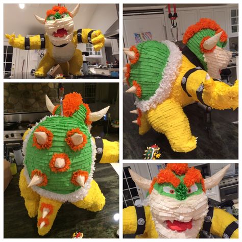 Bowser piñata for Super Mario themed birthday party. This thing took about 30 minutes to break open. I made this covering with a layer of dry newspaper and masking tape before three layers of a newspaper and 50/50 flour and water paste. I could've gone with two layers or at least scored the piñata before covering with crepe paper to make it a little easier to break open. I also used tie wire to make the holder and wrapped it around a medium-sized piece of cardboard to support the weight of the p Super Mario Themed Birthday Party, Mario Themed Birthday Party, Super Mario Brothers Birthday, Mario Brothers Birthday Party, Mario Kart Party, Mario Bros Birthday Party Ideas, Mario Crafts, Nintendo Party, Super Mario Bros Birthday Party