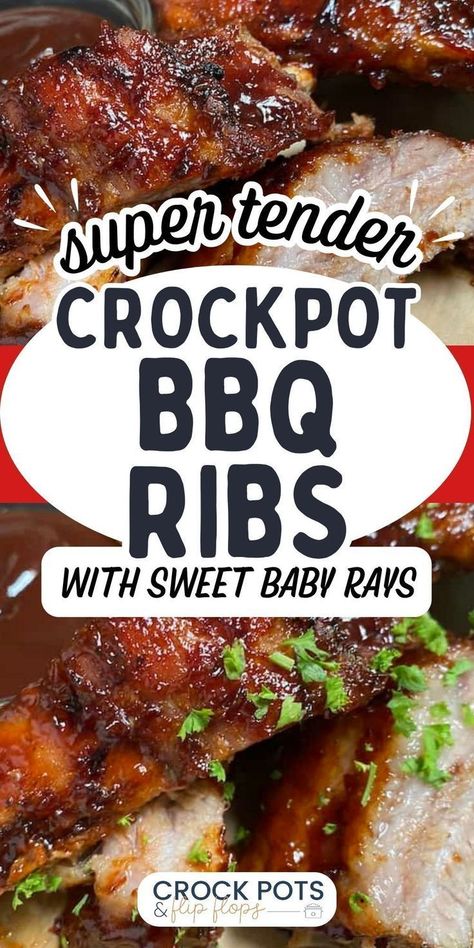 Make the most tender and flavorful ribs you have ever tasted, all thanks to this simple crockpot rib recipe from Crock Pots and Flip Flops! These ribs are so tender, that they practically fall off the bone after simmering all day in the slow cooker. It's all in the slow cooker dry rub, which seals in the delicious flavor as they cook to perfection. With just a few basic ingredients and minimal effort, you'll have mouthwatering BBQ ribs that are perfect for family dinners or summer cookouts. Ribs In Crock Pot, Crockpot Ribs Easy, Crockpot Bbq Ribs, Slow Cooker Ribs Recipe, Sweet Baby Rays, Slow Cooker Bbq Ribs, Crockpot Ribs, Rib Recipe, Slow Cooker Ribs