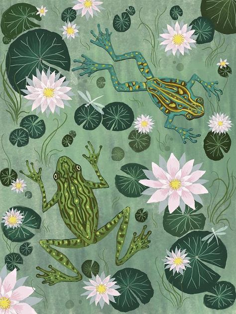 Frog Wallpapers For Laptop, Green Leaf Art, Frog Pond Painting, Pond Themed Bathroom, Pond Nursery Theme, Pond Bathroom, Lilypad Drawing, Jasper Aesthetic, Pond Mural