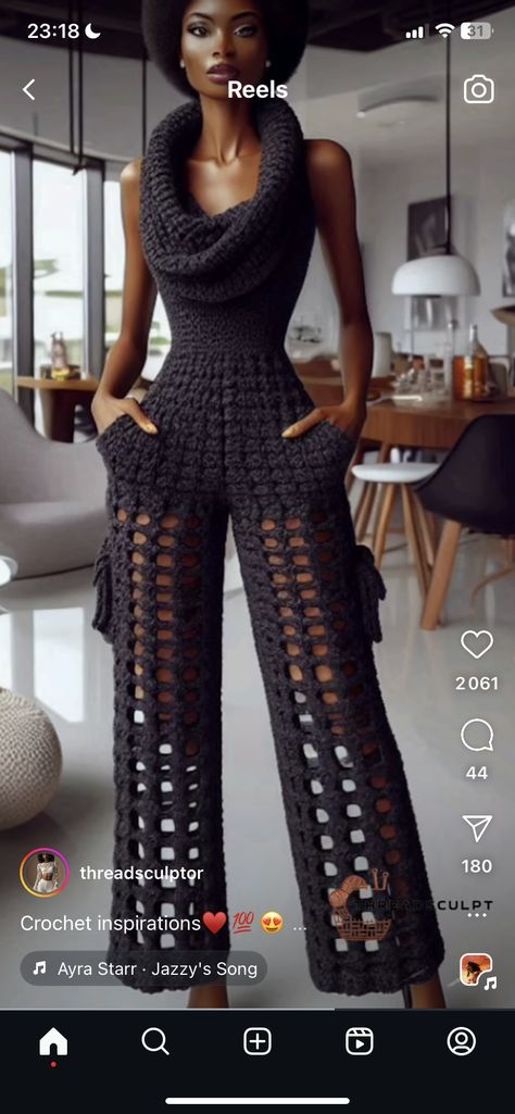 Weird Crochet, Crochet Jumpsuit, Black And Gold Outfit, Crochet Jumpsuits, Crochet Outfits, Contemporary Loft, Crochet Pants, Crochet Barbie Clothes, Mode Crochet