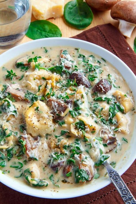 Creamy Parmesan Mushroom and Spinach Tortellini Soup Spinach Tortellini Soup, Spinach Tortellini, Soup Appetizers, Spinach Soup, Creamy Parmesan, Tortellini Soup, Dinner Appetizers, Soup And Sandwich, Bowl Of Soup