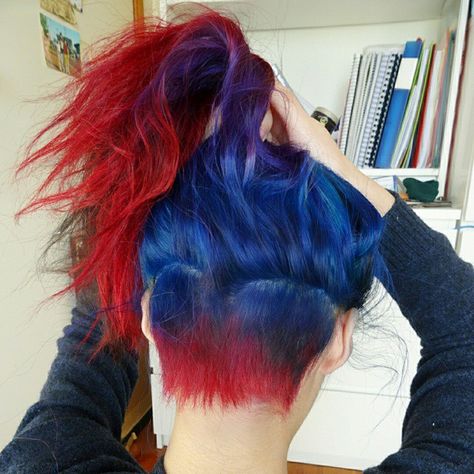 Blue To Red Hair, Red Blue Hair Color, Blue Hair With Red Highlights, Special Effects Hair Color, Blue Hair With Red Tips, Blue Phoenix Hair, Blue Red Hair Color, Red And Blue Ombre Hair, Red And Blue Hair Color