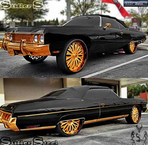 Black and gold Donk Cars, Plymouth Road Runner, Custom Cars Paint, Lowrider Cars, Custom Muscle Cars, Old School Cars, Old Car, Low Rider, American Muscle Cars