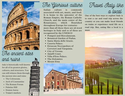 page 2 Travel Brochure Design, Brochure Design Layout, Explore Italy, Italian Culture, Travel Brochure, Rural Life, Culture Travel, Roman Catholic, Roman Empire