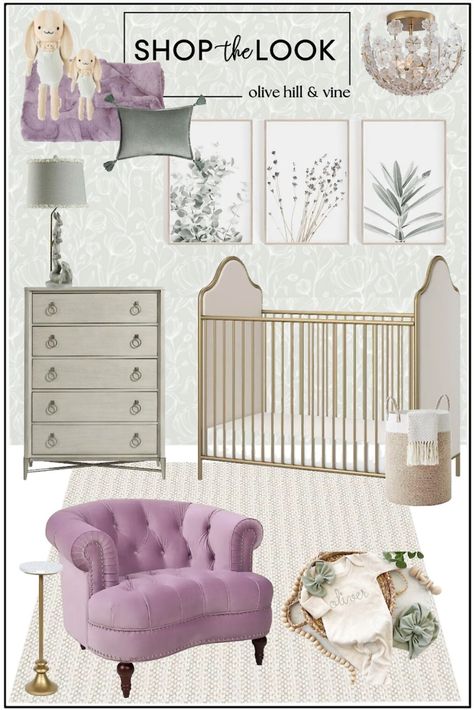 Imagine this mood board from Olive Hill & Vine serving as the guiding inspiration, transforming your nursery into a delightful haven curated especially for your little girl. Adorned with the soft sage green baby nursery wallpaper, the room blends harmoniously with the whimsical bunny aesthetic and pops of lavender, creating a serene and playful ambiance. Delicate botanical art prints further enhance the space with a touch of nature's elegance. Shop the look at olivehillandvine.com! Sage Green And Lavender, Shared Baby Rooms, Green Baby Nursery, Lilac Bedroom, Purple Girls Bedroom, Baby Nursery Wallpaper, Purple Nursery Girl, Purple Nursery Decor