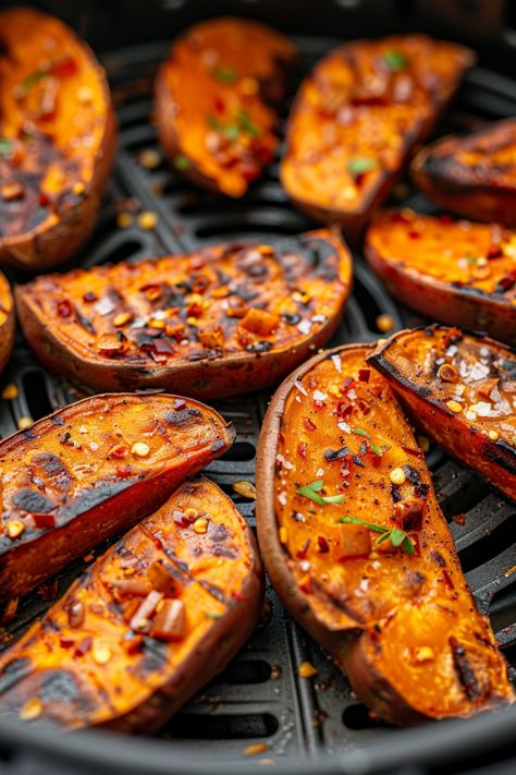 Roasted sweet potato slices with spices and herbs on a grill. Yam In Air Fryer, Sweet Potato In Air Fryer Recipes, Yam Air Fryer Recipes, Smashed Sweet Potatoes Air Fryer, Roast Sweet Potatoes Air Fryer, Airfry Sweet Potato Recipes, Roasted Sweet Potatoes Air Fryer, Air Fryer Sweet Potatoes Cubes, Sweet Potatoes Wedges