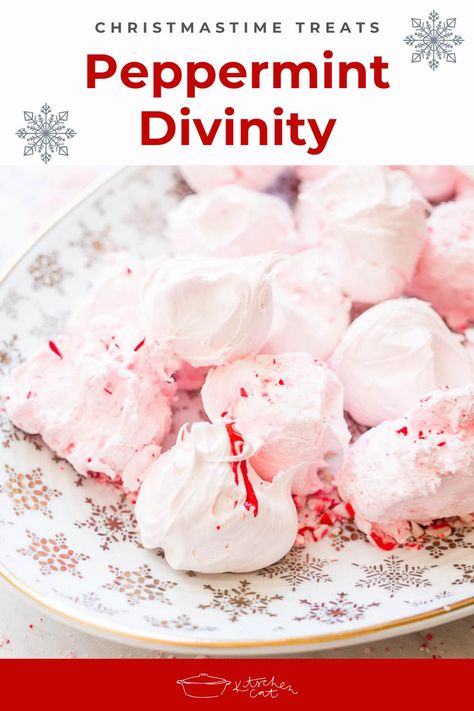 A soft Christmas nougat candy that melts in your mouth with a pop of peppermint flavor! Christmas Peppermint Candy, Peppermint Nougat Candy Recipe, Soft Christmas Peppermints, Peppermint Nougat, Peppermint Divinity, Christmas Nougat, Peppermint Balls, Gf Cooking, Divinity Candy