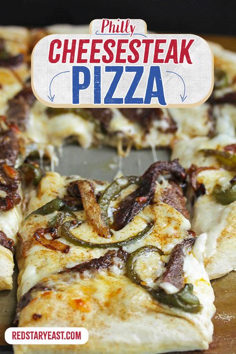 The famous Philly Cheesesteak gets a delicious and fun Italian update! This will become your new favorite on pizza nights! Cheese Steak Pizza, Philly Cheesesteak Pizza, Philly Cheese Steak Pizza, Cheesesteak Pizza, Budget Bites, Pizza Friday, Homemade Pizza Recipe Easy, Steak Pizza, Philly Steak