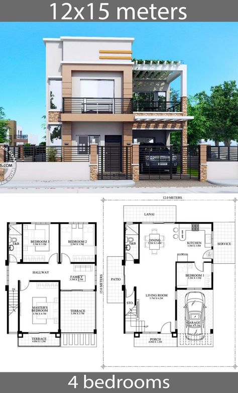 Home Design Plan 8x11m With 3 Bedrooms – Samphoas Plan CC6 Philippines House Design, Small Modern House Plans, Narrow House Plans, Two Story House Design, Modern House Floor Plans, 2 Storey House Design, Narrow Lot House Plans, Affordable House Plans, Two Story House