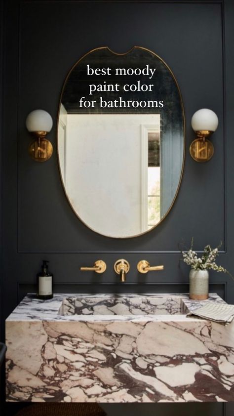 Best Moody Paint Color for Bathrooms! Moody Powder Room Farmhouse, Dark Paint Half Bath, Dark Painted Powder Room Ideas, Deep Color Bathroom, Paint Ideas Bathroom Walls, Dark Color Powder Room, Half Bathroom Color Ideas Paint, Dark Painted Small Bathrooms, Moody Bathroom White Vanity