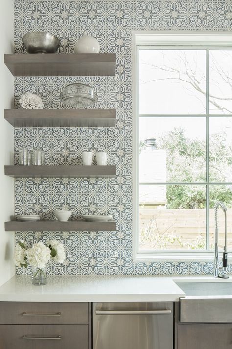 Romantic Kitchen, Kitchen Shelving, Ceramic Tile Backsplash, Mosaic Backsplash Kitchen, Countertop Ideas, Sink Ideas, Arizona House, Mosaic Tile Backsplash, Brick Backsplash