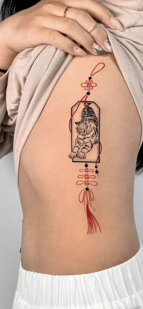 Unique Asian Tattoo, Asian Tassel Tattoo, Astrological Back Tattoo, Japanese Inspired Tattoos Sleeve, Small Asian Tattoo Ideas, Korean Back Tattoo Women, Traditional Chinese Tattoo Art, Traditional Asian Tattoo Art, Japan Travel Tattoo