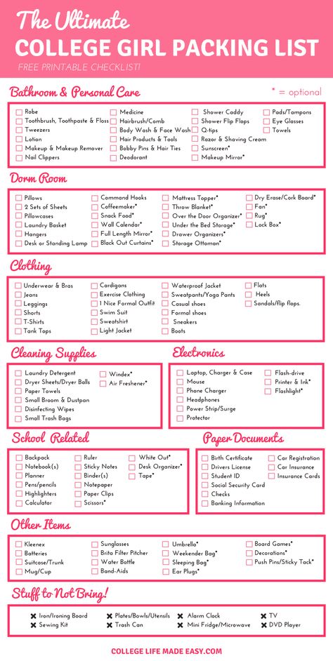 this college dorm packing list is amazing!! it covered literally ALL the dorm room essentials you should consider taking with you (and not with you) to as a first year college student. Plus it's a free printable college packing list. ya girl is gonna be super prepared for freshman year 🙌 next stop dorm shopping ! Moving Out Checklist College, Things To Bring When Moving Out, University Move In Checklist, Things To Get For University, Things To Go To College For, Pre College Checklist, College Amazon Wish List, Things A Girl Should Have, College Move In Checklist Dorm Room