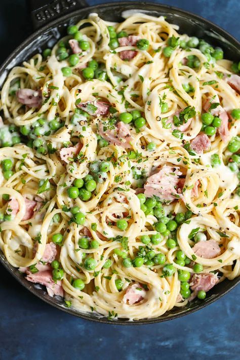 Shrimp Broccoli Alfredo Pasta, Ham And Peas Pasta, Broccoli Fettuccine Alfredo, Ham Peas And Pasta, Garlic Parmesan Cream Sauce, Ham And Peas, Parmesan Dinner, Peas Pasta, Pescetarian Diet