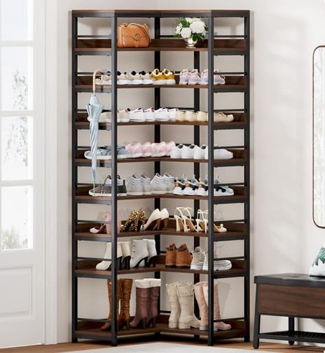 9 Tiers Corner Shoe Rack, Tall Vertical Shoe Rack Organizer, Free Standing Large Shoe Storage Shelf for Entryway Hallway Closet, Space Saving, Rustic Brown Corner Shoe Rack, Shoe Rack Tall, Shoe Storage Design, Vertical Shoe Rack, Space Saving Shoe Rack, Shoe Rack Organizer, Shoe Storage Shelf, Freestanding Storage, Shoe Rack Organization