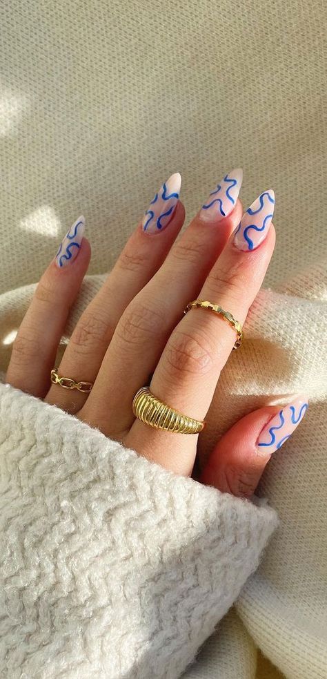 Boxy Nails, Acrilyc Nails Design Ideas Almond, Nail Inspo Trendy 2024, Blue Pattern Nails, Almost Nails, Squiggle Nails, Light Blue Nail Designs, Wave Nails, Spring Break Nails