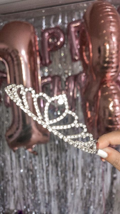 Bday Crown Aesthetic, Sweet 16 Birthday Crown, 18th Birthday Jewelry Ideas, Glitter Birthday Decorations, 18th Birthday Crown, 18th Birthday Tiara, Pink Birthday Crown, Fifteenth Birthday Ideas, Light Pink Themed Birthday Party