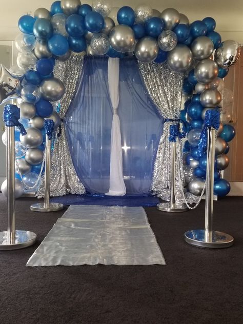 Blue And Silver Prom Decorations, Blue White Silver Graduation Decor, Royal Blue And Silver Backdrop, Blue Prom Decorations, Blue 18th Birthday Party Ideas, 16 Shades Of Blue Party, Royal Blue And Silver Party Decorations, Blue And Silver Party Decorations, 15th Birthday Decorations