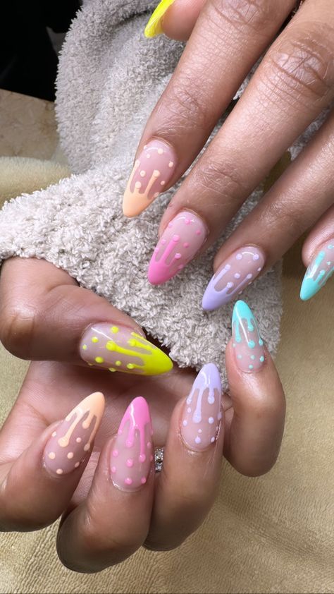 Drip nail design #nails #nailinspo #naildesign #naildrip Drip Almond Nails, Dewdrop Nails, Pastel Drip Nails, Drippy French Tip Nails, Neon Drip Nails, Drip French Tip Nails, Nail Drip Design, Purple Drip Nails, Drip Nails Design