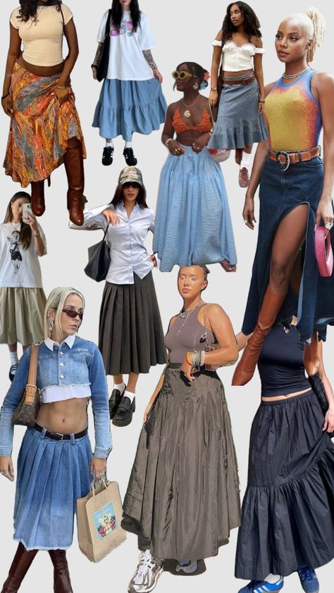 Midi/Maxi Skirt Summer Outfit Inspo Long Skirt Pleated Outfit, Low Waist Maxi Skirt Outfit, Maxi Tiered Skirt Outfit, Maxi Bubble Skirt Outfit, Shoes With Maxi Skirt, Long Patterned Skirt Outfit, Patterned Maxi Skirt Outfit, 90s Maxi Skirt Outfit, Long Skirt Street Style