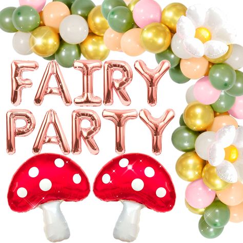 PRICES MAY VARY. Our Woodland Fairy Birthday Backdrop will bring dreamy and beautiful embellishment to your party. Through simple assembly, and hanging the photo to complete a most gorgeous Woodland Fairy background wall. Our Fairy Birthday Decoration will bring unparalleled joy and the most beautiful moments to your family and friends. What you will receive: 2 x fairy party balloons, 4 x green leaves , 2 x pink flower balloon, 2 x purple flower balloon. JeVenis Mushroom Fairy Party Balloons Fai Mushroom Fairy Party, Mushroom Birthday Party, Fairy Birthday Party Decorations, Mushroom Birthday, Fairytale Birthday Party, Woodland Fairy Birthday, Fairytale Birthday, Fairy Woodland, Fairy Tea Parties