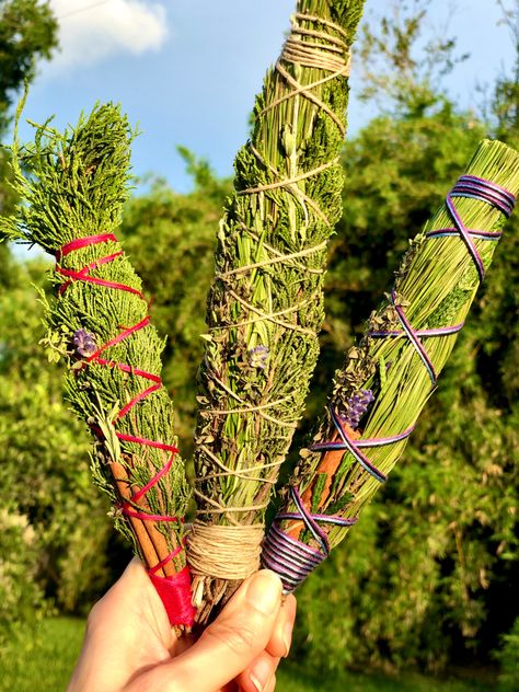 Deep innerworking and Astral-Work calls for larger sticks bound in Cedar, Gold-Tip Juniper, English Lavender, Spanish Lavender, Lemon Thyme, Thyme, Rosemary, Slash Pine,  Texas Sage, Russian Sage, and Cinnamon. #smudgesticks #nativeamericanart #spiritualawakening #shamanism #shamanichealing How To Wrap Sage Smudge Sticks, Diy Sage Smudge Sticks, How To Make White Sage Smudge Sticks, Smudge Wands, How To Make Sage Bundles Smudge Sticks, Lavender Sage Smudge Sticks, Sage Wands, Texas Sage, Spanish Lavender