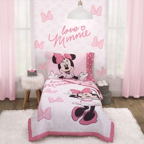 The Disney Love Minnie 4pc Toddler Set Features The Iconic Disney Friend Minnie Mouse In Classic Colors Of Pink, White And Black. This Whimsical Disney’s Minnie Mouse Bed Set Will Allow Your Toddler To Express Their Personal Style. This 4-Piece Set Includes: 1 Quilt (Size: 42 In. X 47 In. | 100% Polyester) 1 Reversible Pillowcase (Size: 30 In. X 20 In. | 100% Polyester) 1 Fitted Bottom Sheet (Size: 28 In. X 52 In. | 100% Polyester) 1 Blanket (Size: 40 In. X 50 In. | 100% Polyester) Minnie Mouse Nursery Ideas, Minnie Mouse Bedroom Ideas Toddler, Minnie Mouse Toddler Room, Minnie Mouse Room Ideas Toddler, Minnie Mouse Baby Room, Minnie Mouse Toddler Bedding, Minnie Mouse Room, Minnie Mouse Bedroom Decor, Minnie Mouse Room Decor