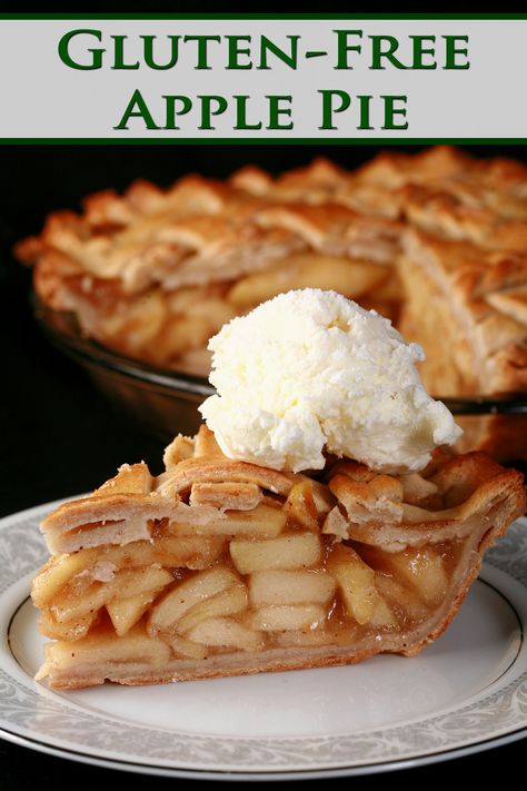 A slice of lattice top gluten free apple pie on a plate, in front of the rest of the pie. Gluten Free Apple Pie Crust, Gluten Free Apple Pie Filling, Gluten Free Apple Pie Recipe, Gluten Free Pies Recipes, Dairy Free Pies, Gluten Free Apple Pie, Traditional Apple Pie, Gluten Free Dairy Free Dessert, Gluten Free Apple