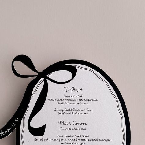 AGAPI DESIGNS on Instagram: "Just when you thought bows were passé, this pretty little menu pops up in your feed.   #WeddingMenus #WeddingDesign #MenuDesign #BridalDesign #WeddingStationery #ElegantMenus #CustomWedding #MenuDetails #WeddingInspiration #DesignYourDay #WeddingDesigns #CustomWeddingMenus #WeddingInspo #BridalStationery #WeddingDetails #ModernBrides #WeddingDesignIdeas #ElegantWeddings #BrideToBe #WeddingStyle #UniqueWeddingDesigns #WeddingTrends #WeddingDesignExpert" Philly Wedding, Black And White Party, 40th Birthday Party Decorations, Fantasy Wedding, Elegant Man, Wedding Wishes, Wedding Stationary, Bridal Designs, Card Inspiration