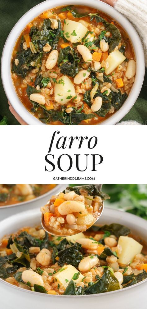 Kale And Beans, Turkey Farro Soup, Crockpot Farro Recipes, Hot Farro Recipes, Sweet Farro Recipes, Farro Dinner Recipes, Faro Recipes Dinners, Farro Soup Recipes, Healthy Farro Recipes